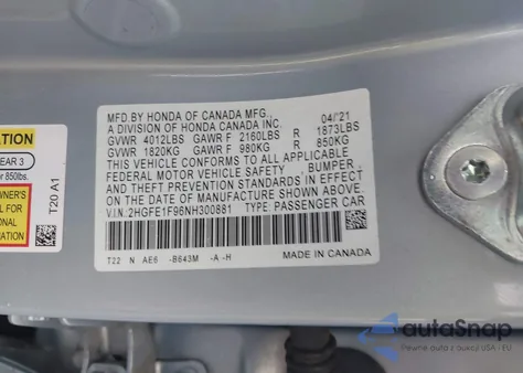 2022 Honda Civic Touring z USA, uszkodzony, nr VIN 2HGFE1F96NH300881